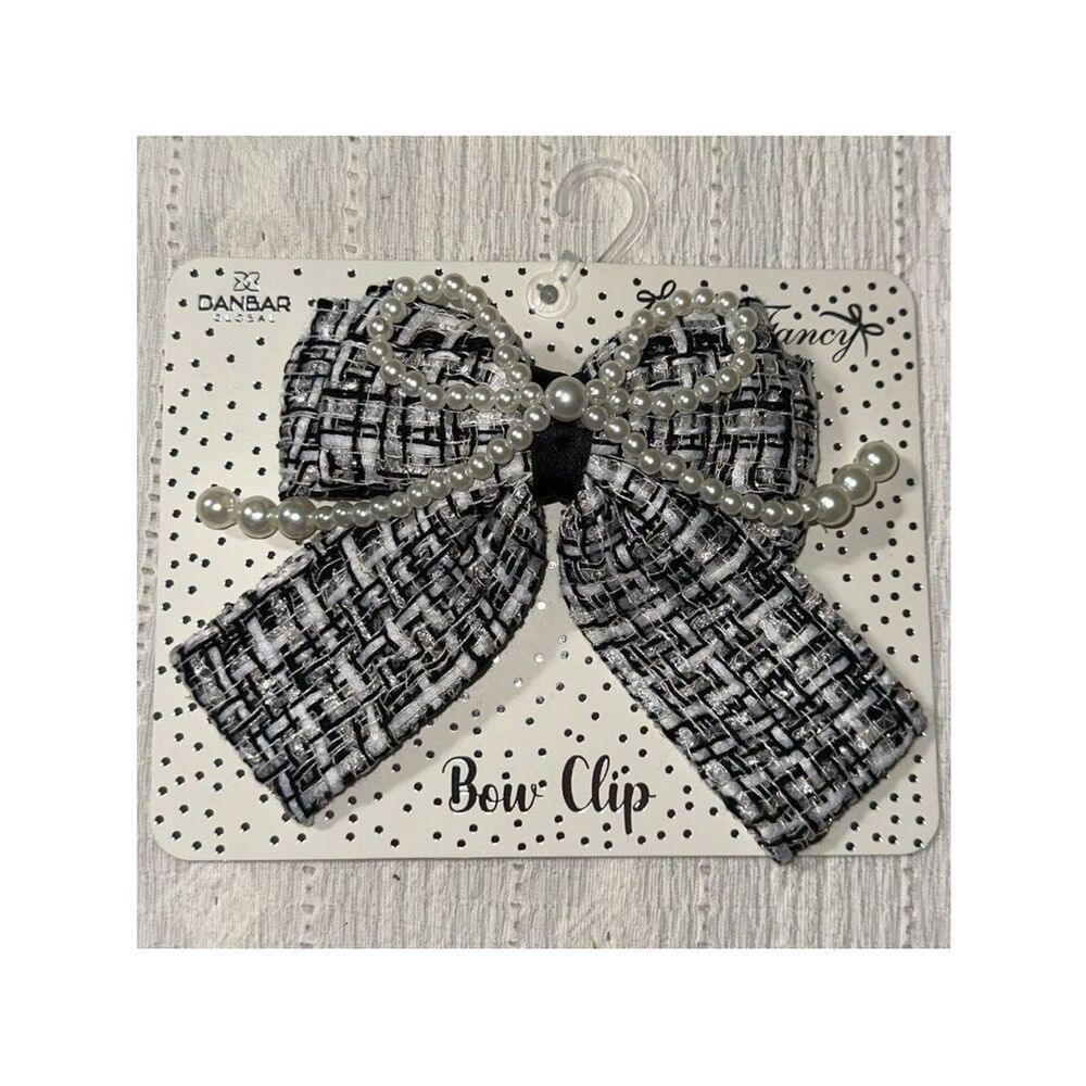DANBAR GLOBAL Black White Velvet Tweed Faux Pearl Overlay Bow Hair Clip